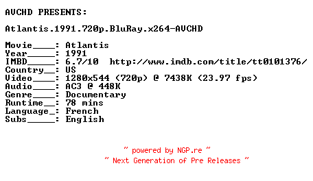 NFO for the release Atlantis.1991.720p.BluRay.x264-AVCHD by AVCHD
