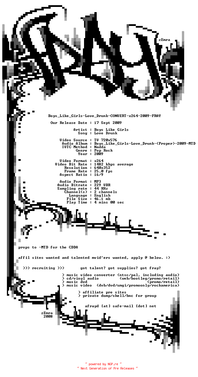 NFO for the release Boys_Like_Girls-Love_Drunk-CONVERT-x264-2009-FRAY by FRAY