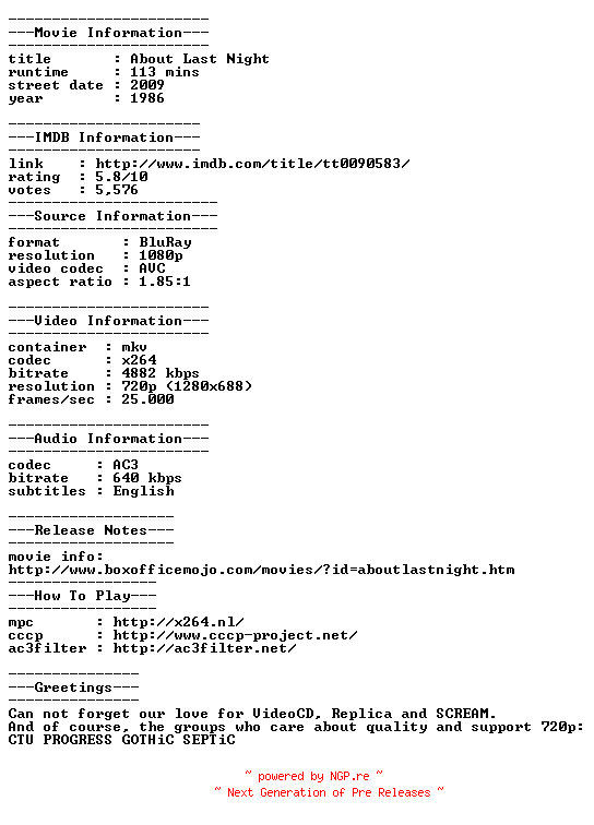 NFO for the release About.Last.Night.1986.720p.BluRay.x264-REVEiLLE by REVEiLLE