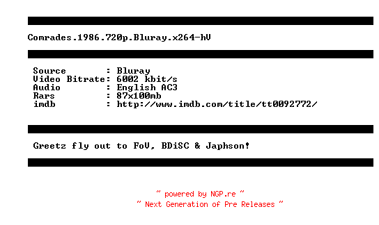 NFO for the release Comrades.1986.720p.Bluray.x264-hV by hV