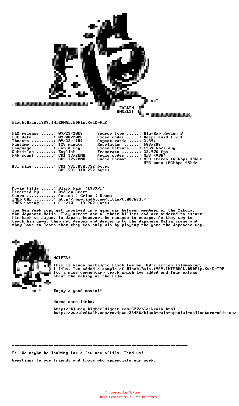 NFO for the release Black.Rain.1989.iNTERNAL.BDRip.XviD-FLS by FLS