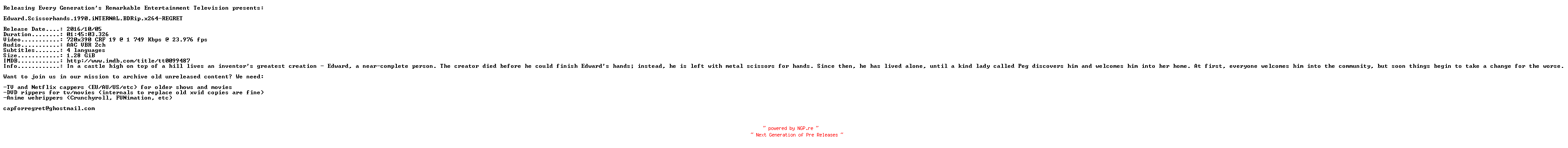 NFO for the release Edward.Scissorhands.1990.iNTERNAL.BDRip.x264-REGRET by REGRET