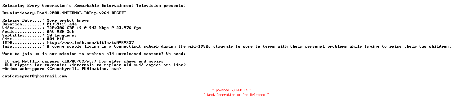 NFO for the release Revolutionary.Road.2008.iNTERNAL.BDRip.x264-REGRET by REGRET