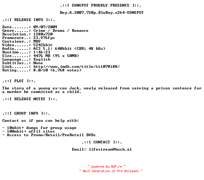 NFO for the release Boy.A.2007.720p.BluRay.x264-SUNSPOT by SUNSPOT