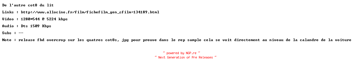NFO for the release De.L.Autre.Cote.Du.Lit.PROPER.720p.FRENCH.BluRay.x264-ForceBleue by ForceBleue
