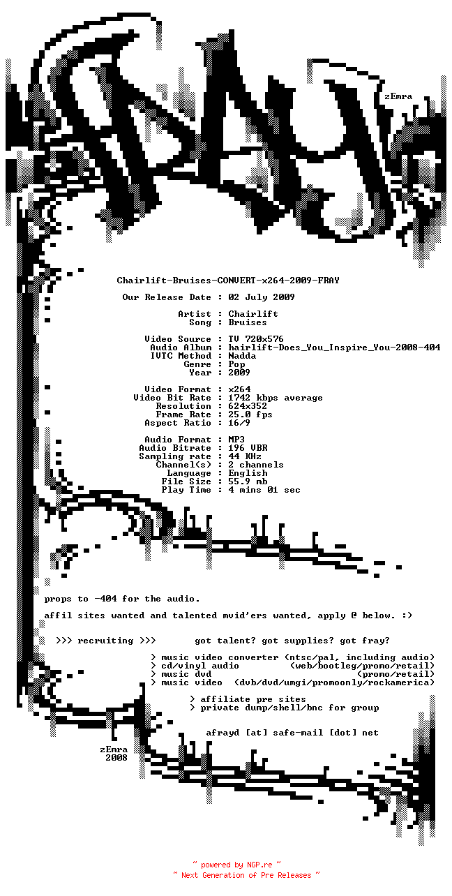 NFO for the release Chairlift-Bruises-CONVERT-x264-2009-FRAY by FRAY