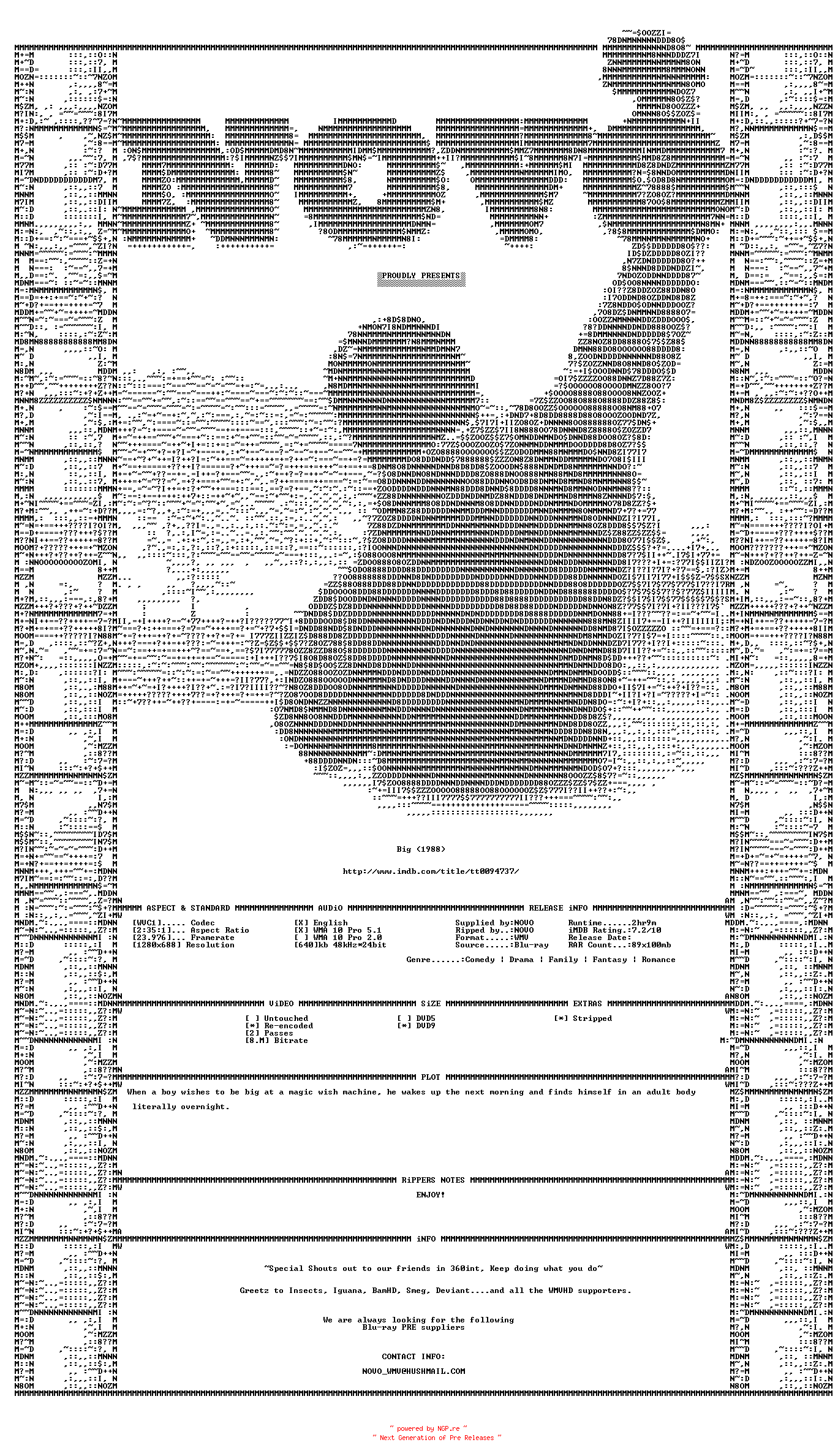 NFO for the release Big.1998.Bluray.VC1.720P.5.1.WMV-NOVO by NOVO
