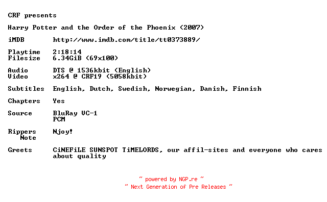 NFO for the release Harry.Potter.And.The.Order.Of.The.Phoenix.2007.720p.BluRay.x264.iNTERNAL-CRF by CRF