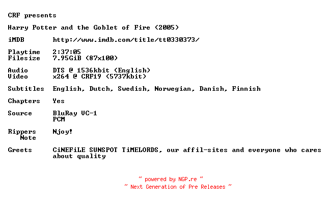 NFO for the release Harry.Potter.And.The.Goblet.Of.Fire.2005.720p.BluRay.x264.iNTERNAL-CRF by CRF