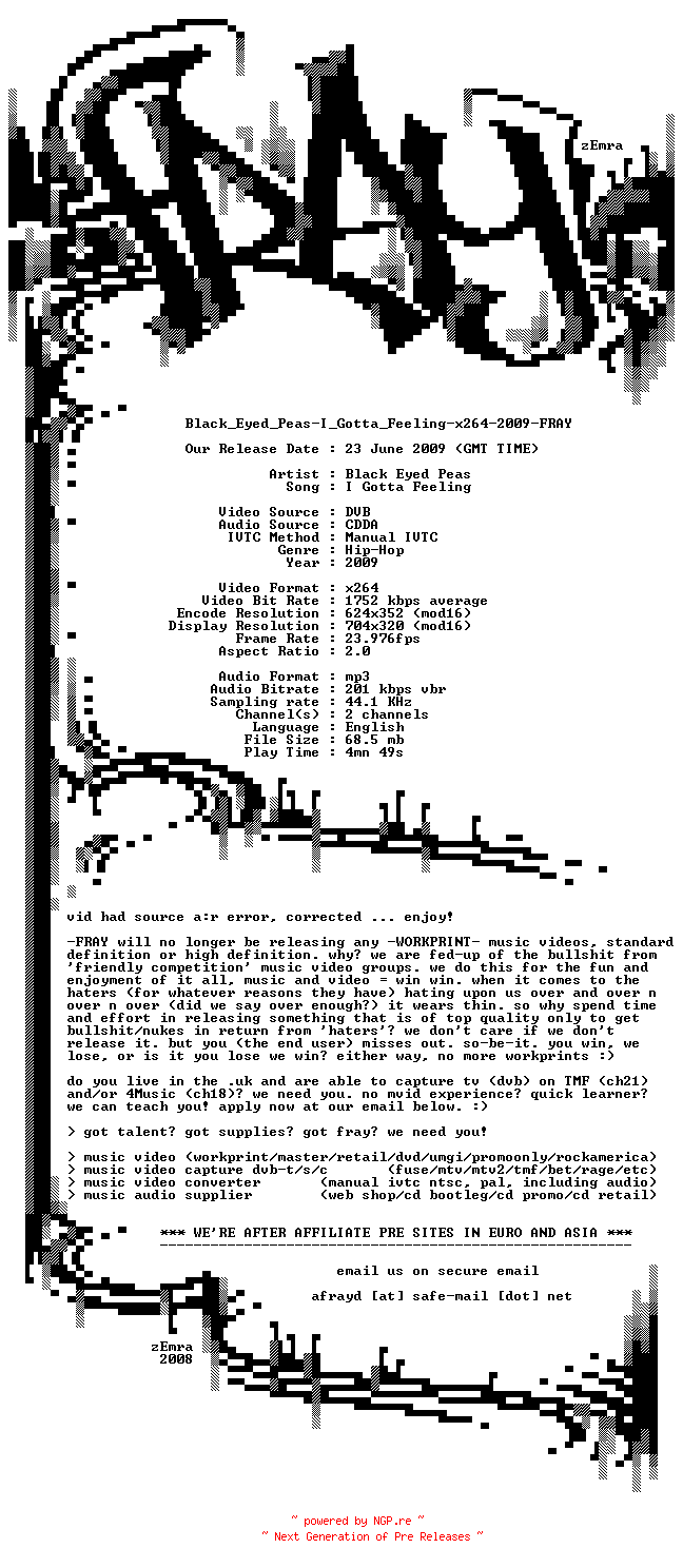 NFO for the release Black_Eyed_Peas-I_Gotta_Feeling-x264-2009-FRAY by FRAY