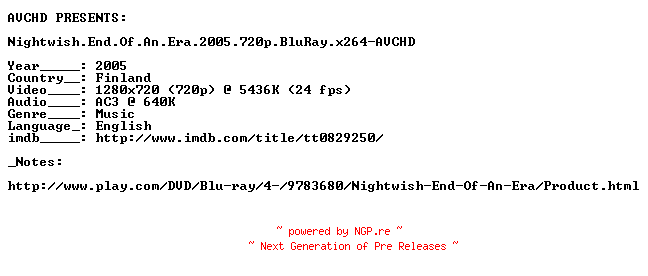 NFO for the release Nightwish.End.Of.An.Era.2005.720p.BluRay.x264-AVCHD by AVCHD