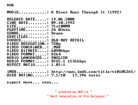 NFO for the release A.River.Runs.Though.It.1992.720p.BluRay.x264-VOA by VOA