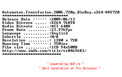 NFO for the release Automaton.Transfusion.2006.720p.BluRay.x264-AVS720 by AVS720