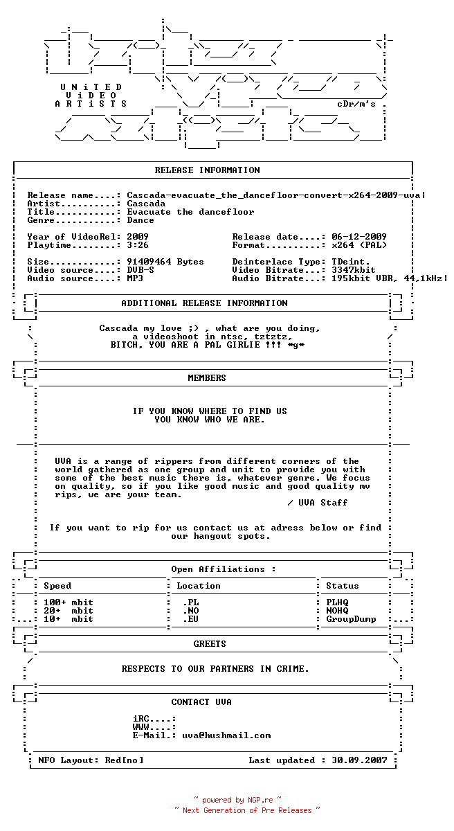 NFO for the release Cascada-evacuate_the_dancefloor-convert-x264-2009-uva by uva