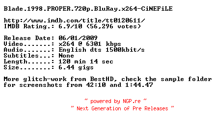 NFO for the release Blade.1998.PROPER.720p.BluRay.x264-CiNEFiLE by CiNEFiLE