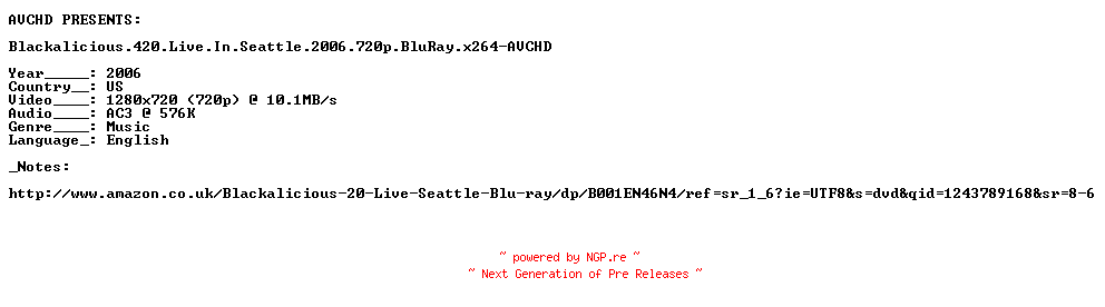 NFO for the release Blackalicious.420.Live.In.Seattle.2006.720p.BluRay.x264-AVCHD by AVCHD