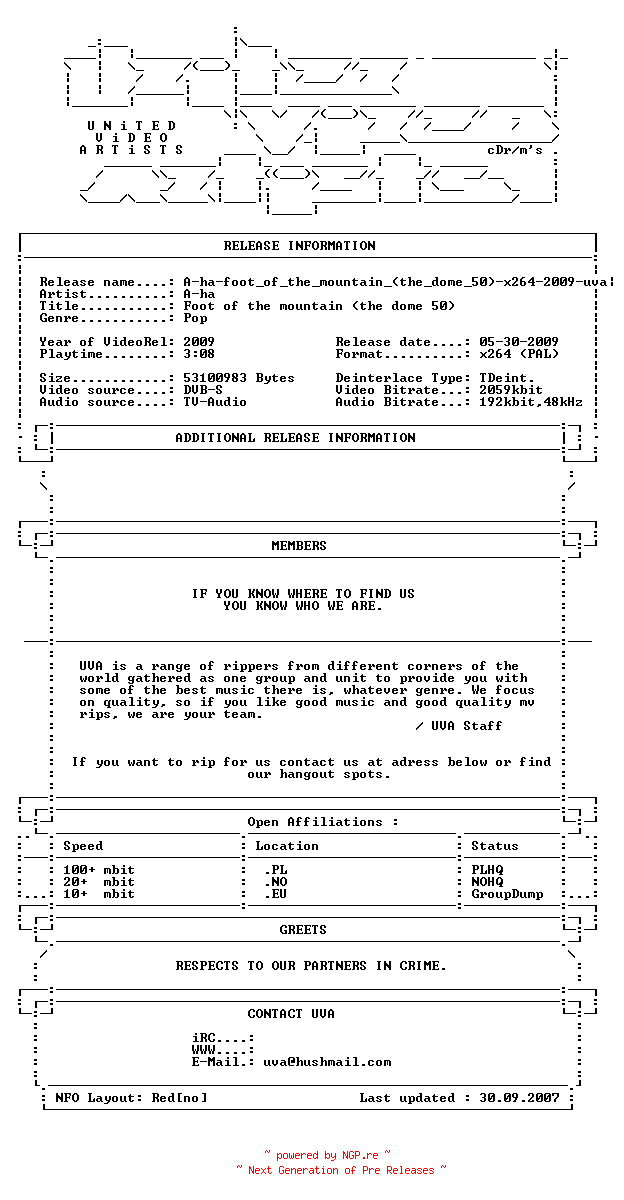 NFO for the release A-ha-foot_of_the_mountain_(the_dome_50)-x264-2009-uva by uva