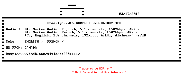 NFO for the release Brooklyn.2015.COMPLETE.QC.BLURAY-4FR by 4FR