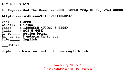 NFO for the release An.Empress.And.The.Warriors.2008.PROPER.720p.BluRay.x264-AVCHD by AVCHD
