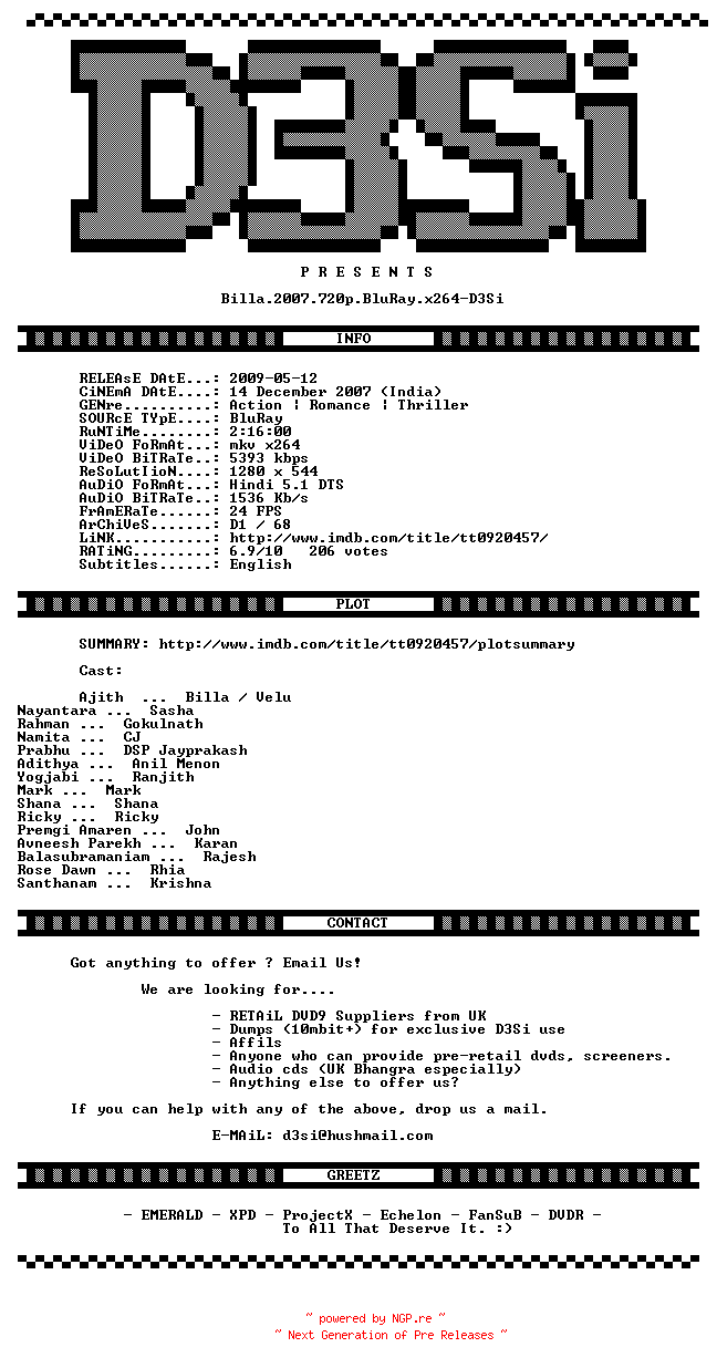 NFO for the release Billa.2007.720p.BluRay.x264-D3Si by D3Si