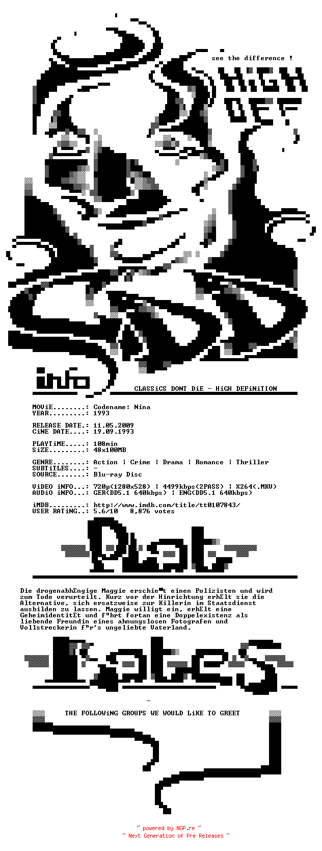 NFO for the release Codename.Nina.1993.German.DL.720p.BluRay.x264-CDD by CDD