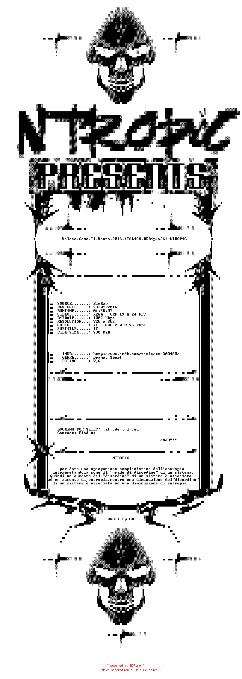 NFO for the release Veloce.Come.Il.Vento.2016.iTALiAN.BDRip.x264-NTROPiC by NTROPiC