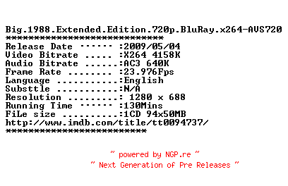 NFO for the release Big.1988.Extended.Edition.720p.BluRay.x264-AVS720 by AVS720