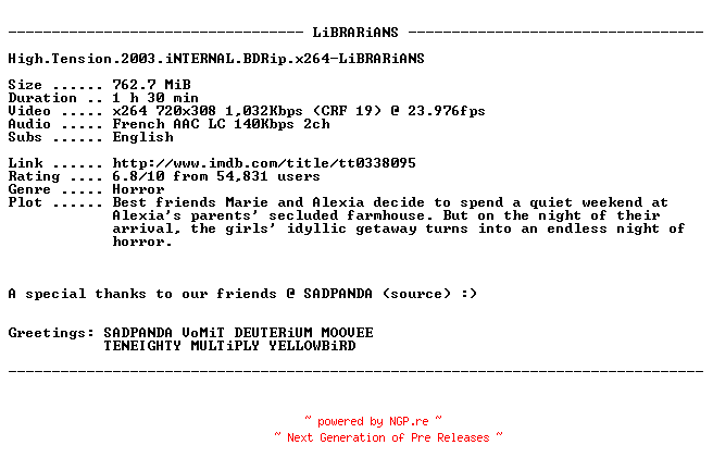 NFO for the release High.Tension.2003.iNTERNAL.BDRip.x264-LiBRARiANS by LiBRARiANS