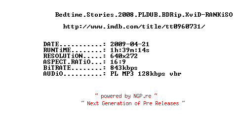 NFO for the release Bedtime.Stories.2008.PLDUB.BDRip.XviD-RANKiSO by RANKiSO