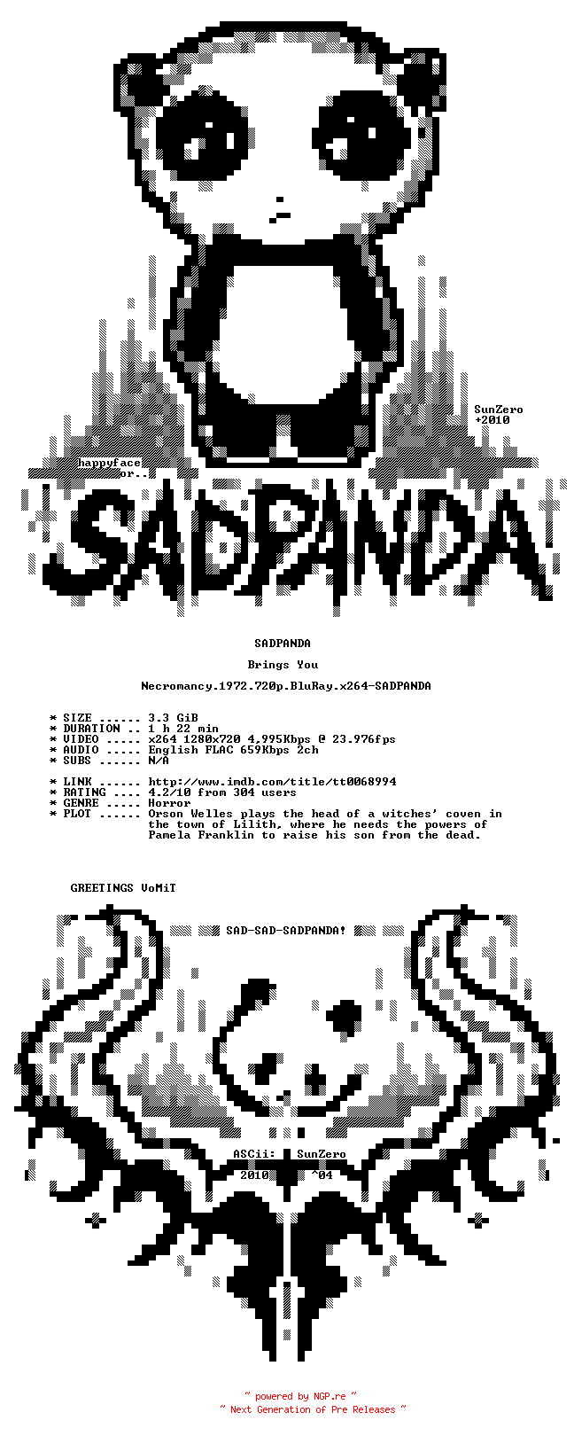 NFO for the release Necromancy.1972.720p.BluRay.x264-SADPANDA by SADPANDA