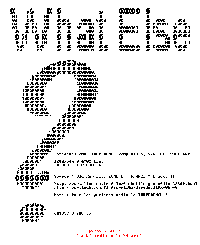 NFO for the release Daredevil.2003.TRUEFRENCH.720p.BluRay.x264.AC3-WHATELSE by WHATELSE