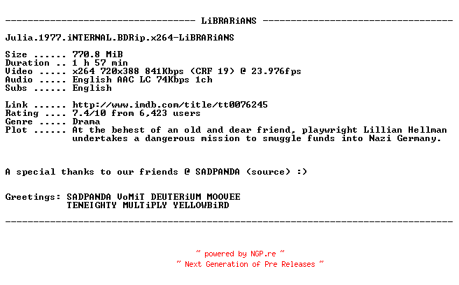 NFO for the release Julia.1977.iNTERNAL.BDRip.x264-LiBRARiANS by LiBRARiANS