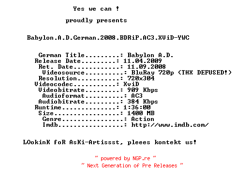 NFO for the release Babylon.A.D.German.2008.BDRiP.AC3.XViD-YWC by YWC