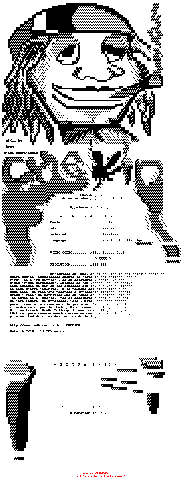 NFO for the release Appaloosa.2008.720p.SPANiSH.BluRay.x264-CHaWiN by CHaWiN