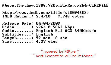 NFO for the release Above.The.Law.1988.720p.BluRay.x264-CiNEFiLE by CiNEFiLE