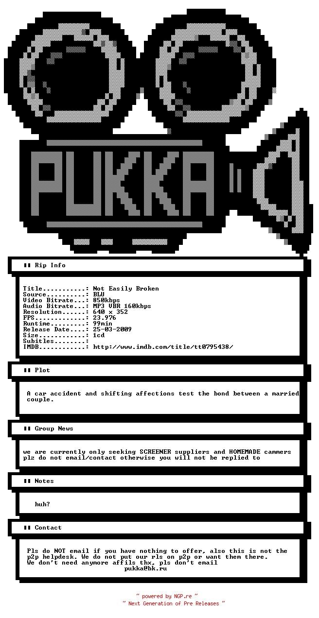 NFO for the release Not.Easily.Broken.BDRiP.XviD-PUKKA by PUKKA
