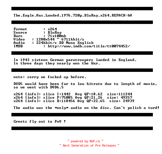 NFO for the release The.Eagle.Has.Landed.1976.720p.BluRay.x264.REPACK-hV by hV