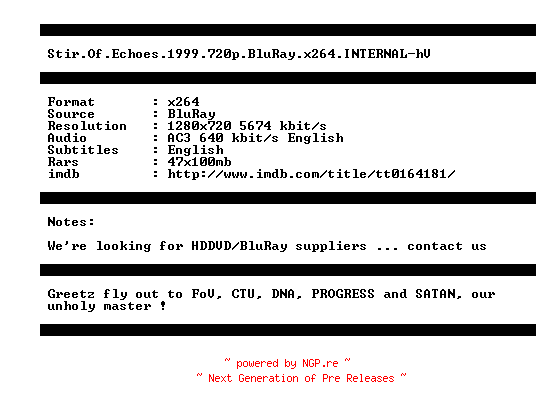 NFO for the release Stir.Of.Echoes.1999.720p.BluRay.x264.INTERNAL-hV by hV