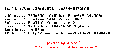 NFO for the release Italian.Race.2016.BDRip.x264-BiPOLAR by BiPOLAR