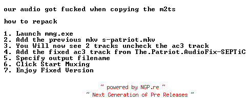 NFO for the release The.Patriot.Bluray.AudioFix-SEPTiC by SEPTiC