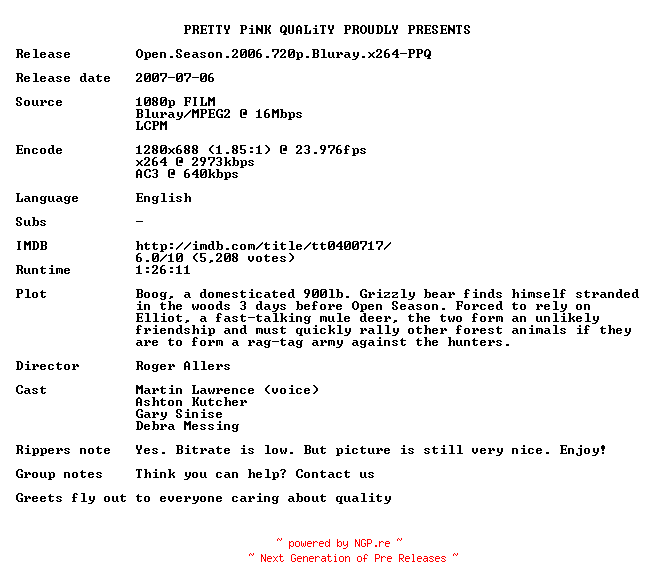 NFO for the release Open.Season.2006.720p.Bluray.x264-PPQ by PPQ
