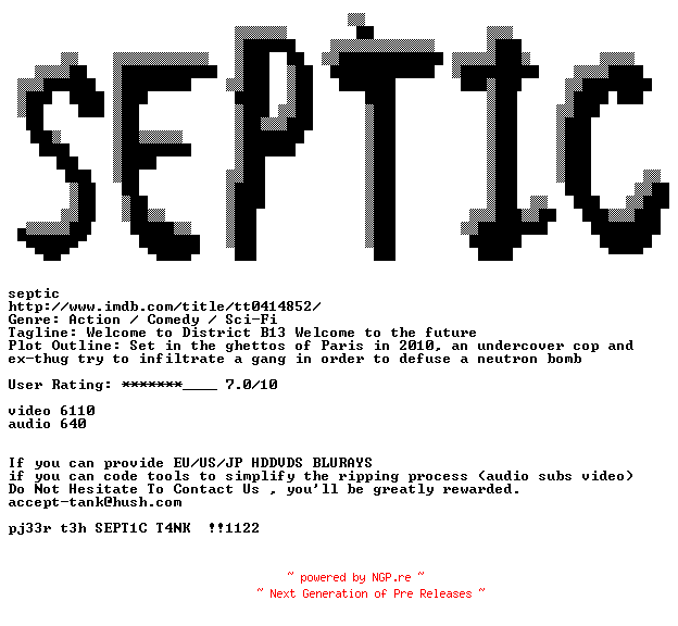 NFO for the release District.B13.DUBBED.2004.720p.BluRay.x264-SEPTiC by SEPTiC