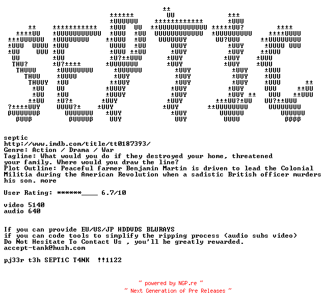 NFO for the release The.Patriot.2000.720p.DVD9.BluRay.x264-SEPTiC by SEPTiC