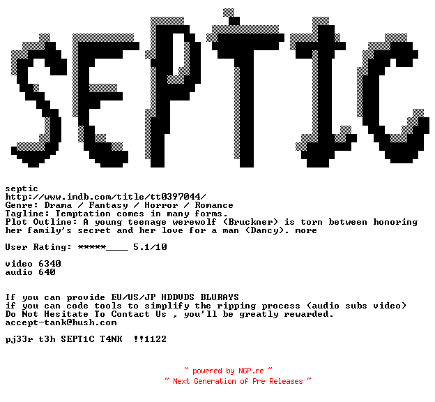 NFO for the release Blood.And.Chocolate.2007.720p.BluRay.x264-SEPTiC by SEPTiC