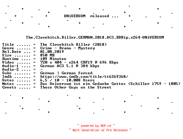 NFO for the release The.Clovehitch.Killer.GERMAN.2018.AC3.BDRip.x264-UNiVERSUM by UNiVERSUM