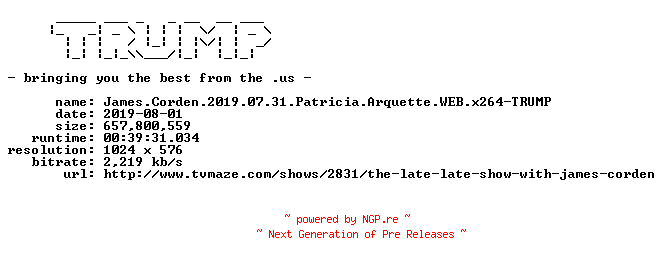 NFO for the release James.Corden.2019.07.31.Patricia.Arquette.WEB.x264-TRUMP by TRUMP