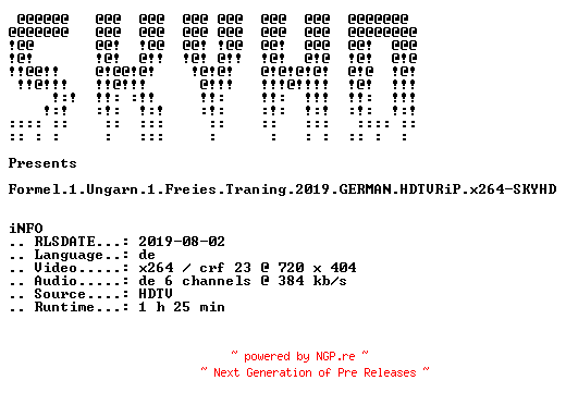 NFO for the release Formel.1.Ungarn.1.Freies.Training.2019.GERMAN.HDTVRiP.x264-SKYHD by SKYHD