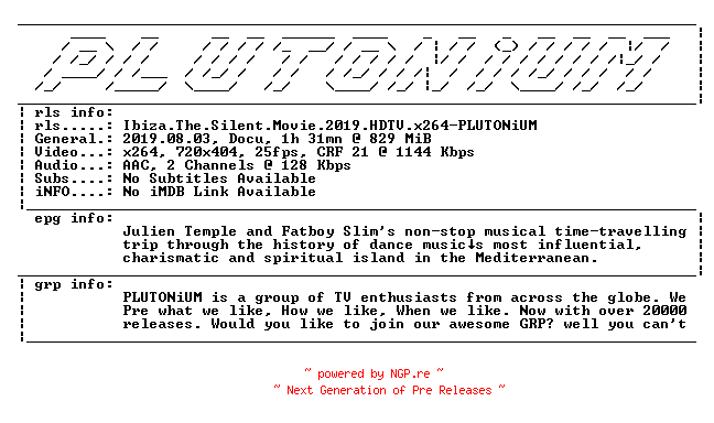 NFO for the release Ibiza.The.Silent.Movie.2019.HDTV.x264-PLUTONiUM by PLUTONiUM