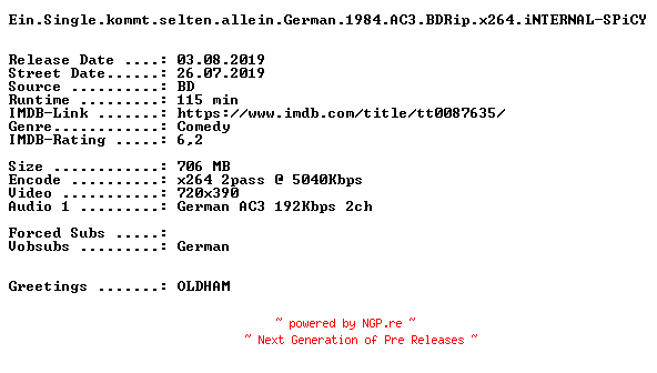 NFO for the release Ein.Single.kommt.selten.allein.German.1984.AC3.BDRip.x264.iNTERNAL-SPiCY by SPiCY