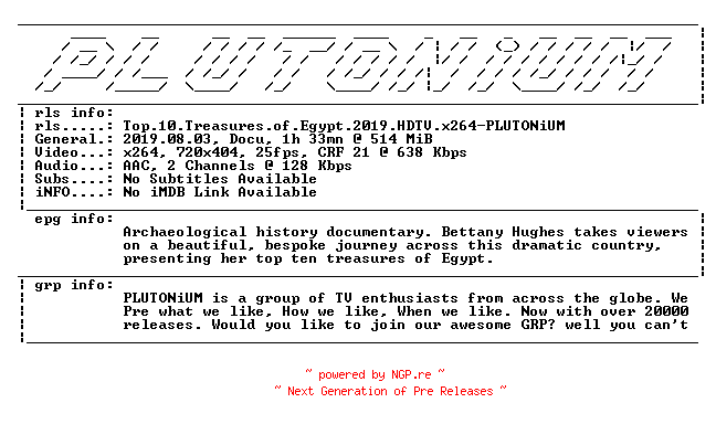 NFO for the release Top.10.Treasures.of.Egypt.2019.HDTV.x264-PLUTONiUM by PLUTONiUM